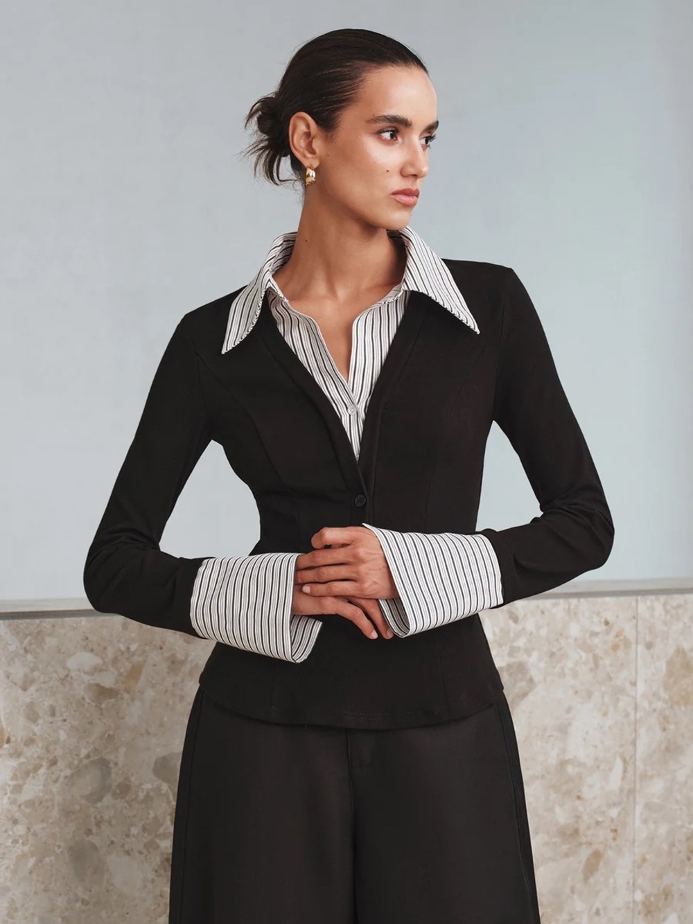 Commense Mock Two-Piece Long-Sleeve Two Tone Polo Top